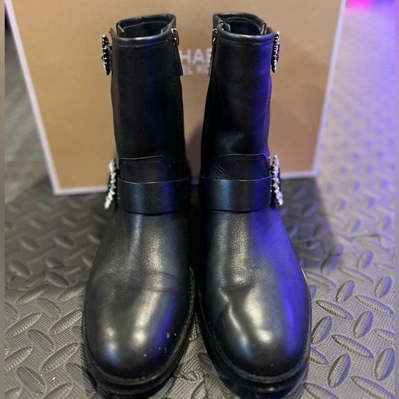 Michael Kors Viola Embellished Leather Moto Boots - Picture 5 of 9